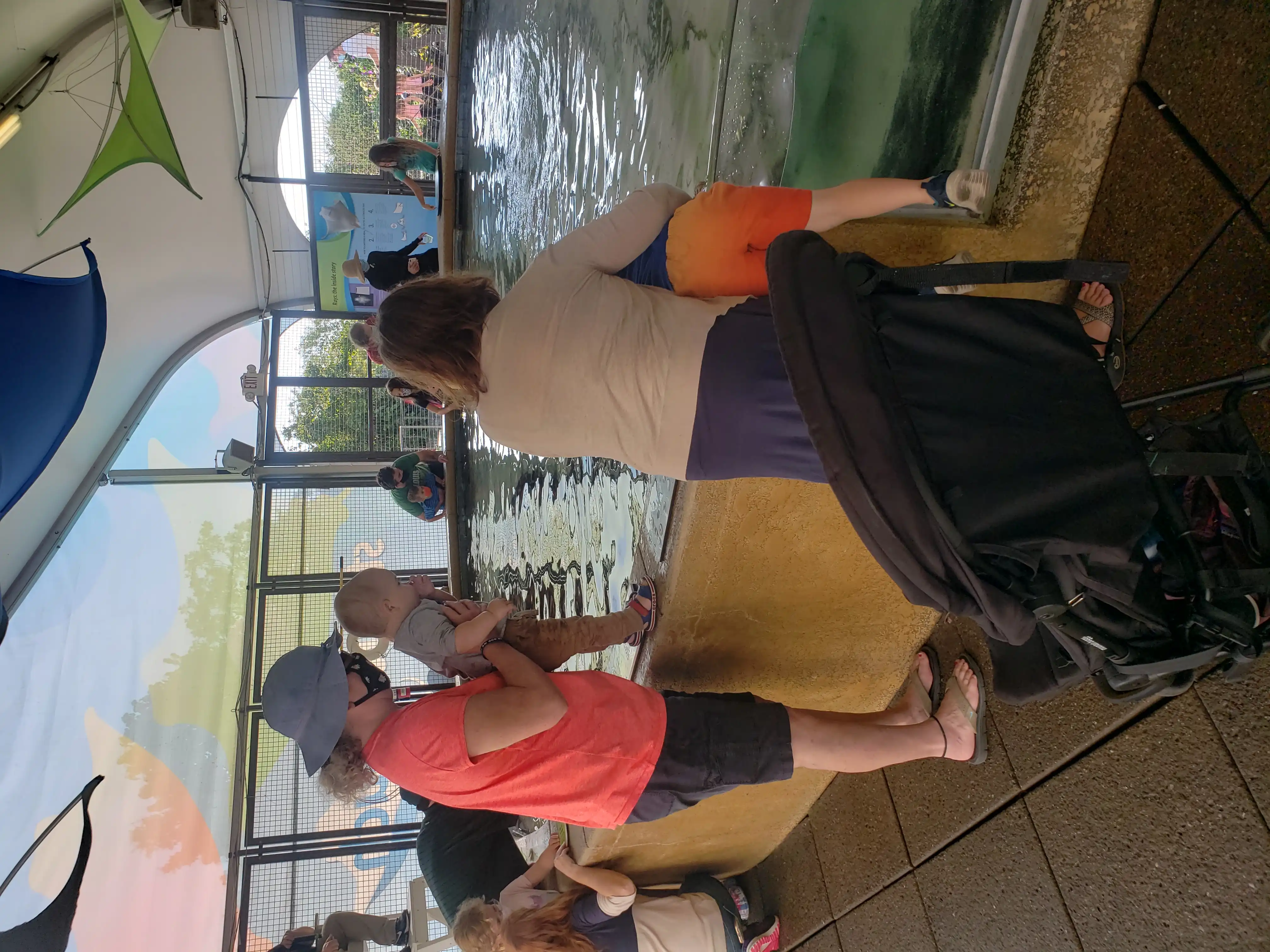 Mema holds Royal near the Sting Ray Tank