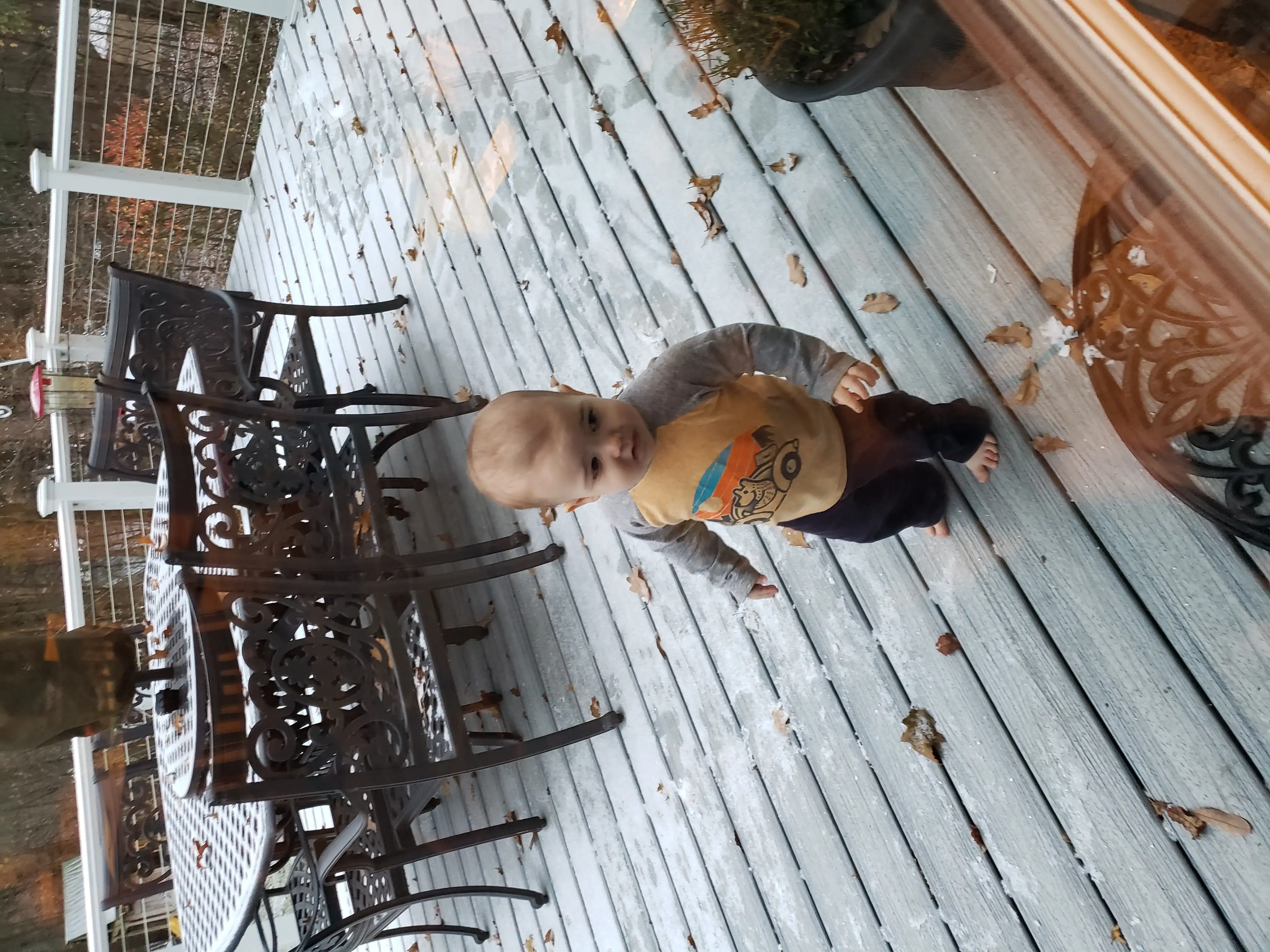 Royal standing on a snowy deck at my Uncle's, grimacing from the cold.