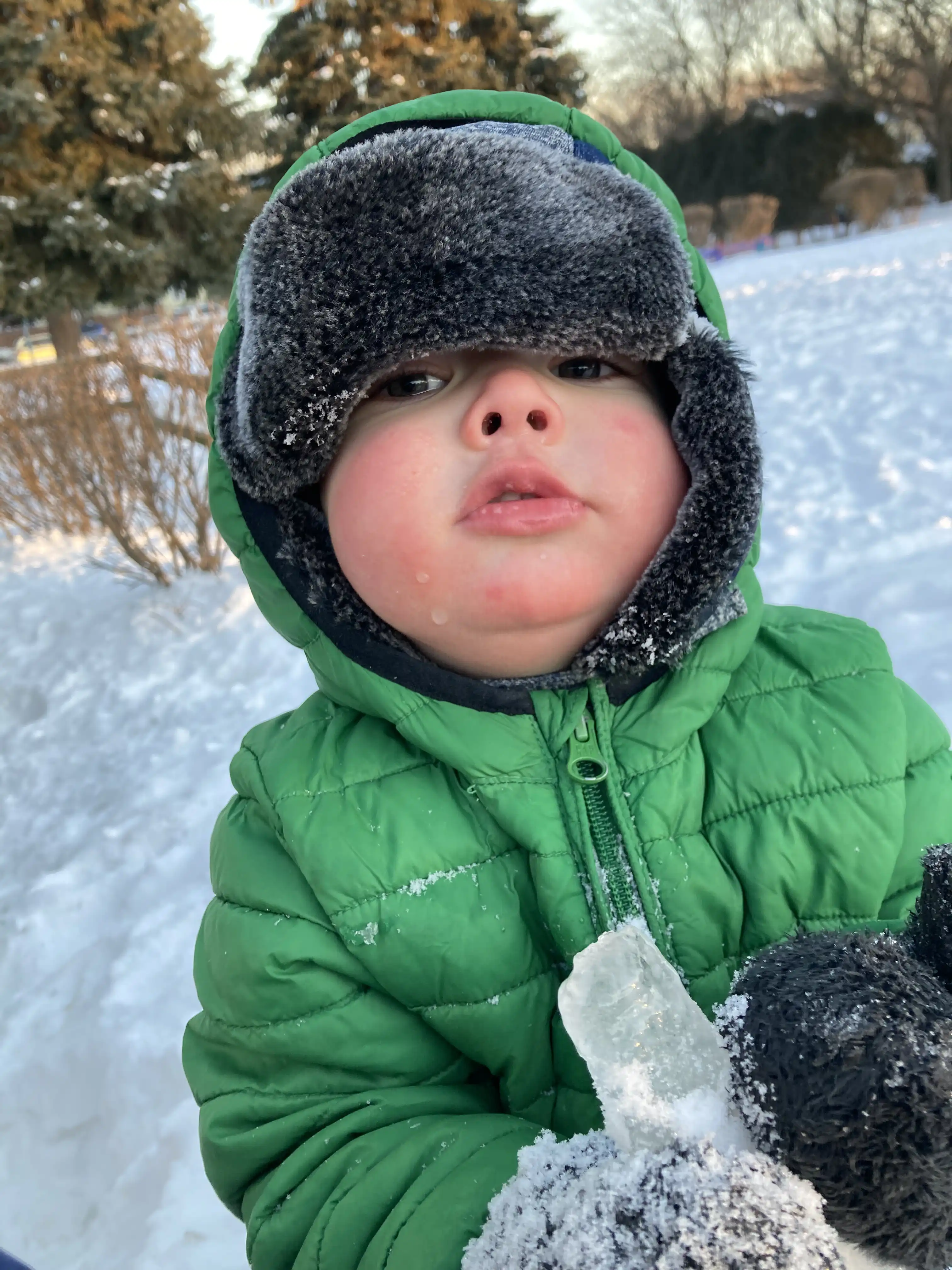 Royal in a green snow jacket and fuzzy hat eating an icicle.