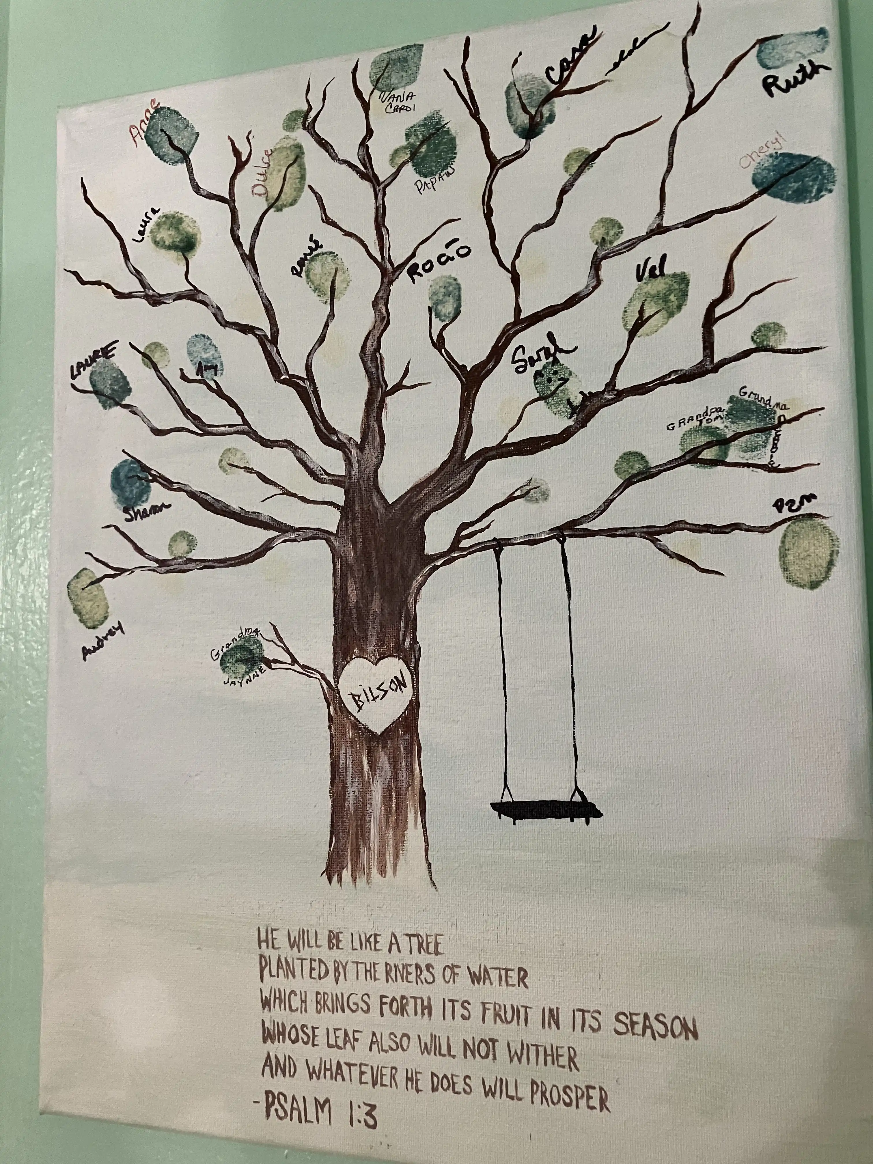 A painting of a tree, with each leaf the thumbprint of a friend.