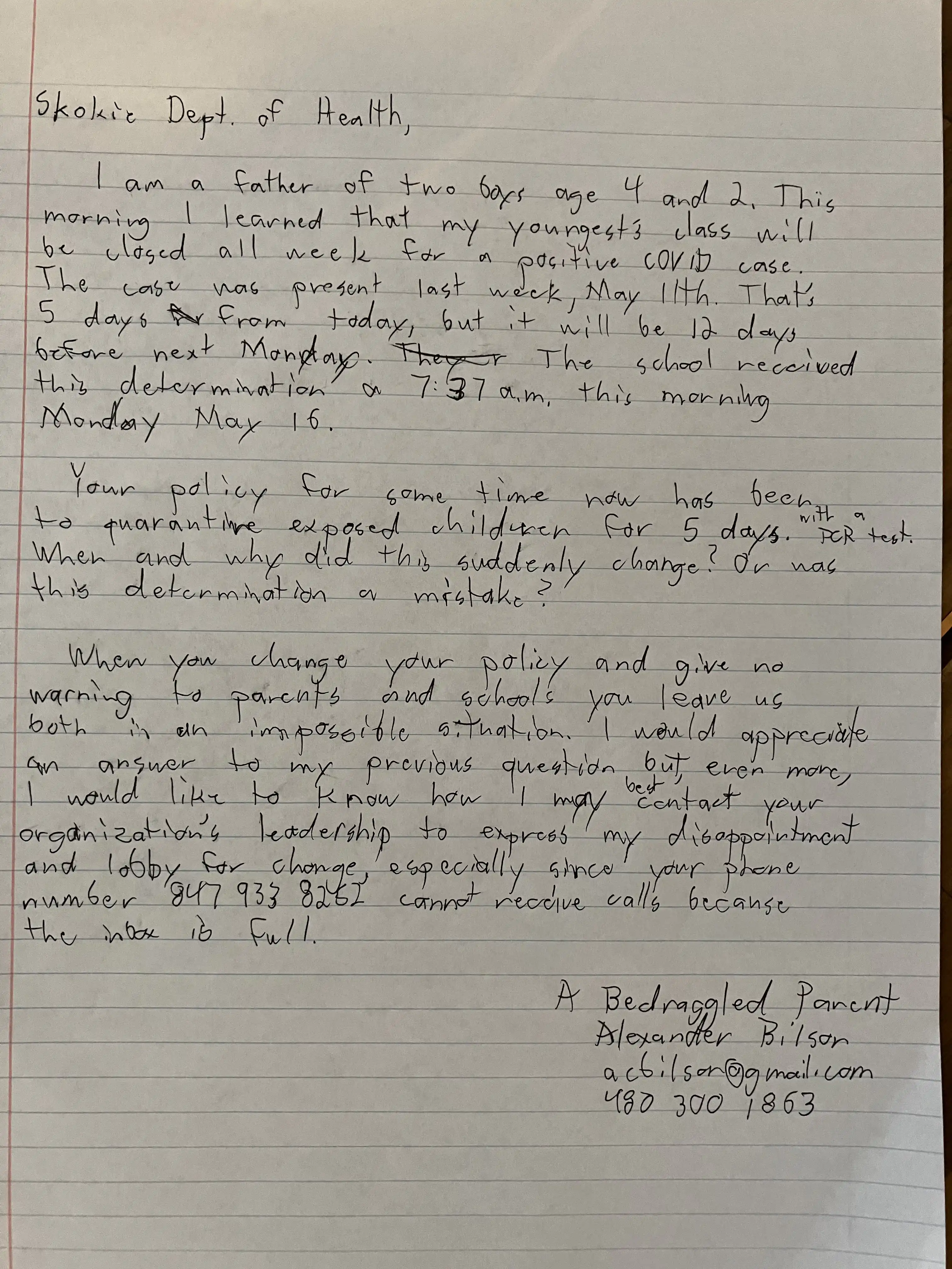 A handwritten letter to the Skokie Dept. of Health from Alex.