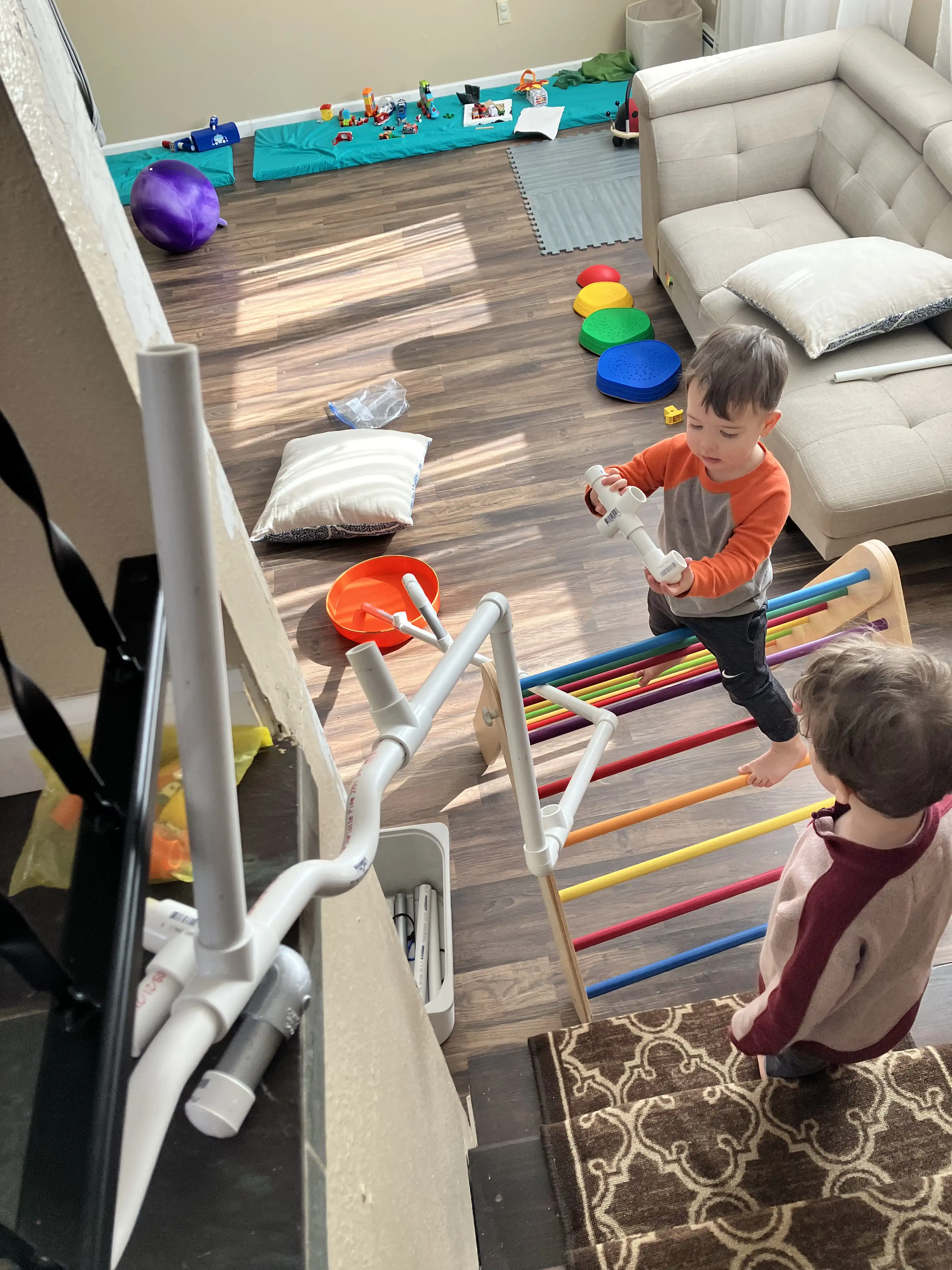 Graham and Royal downstairs with the marble run of PVC pipe running down the stairs. Royal stands on a climbing post holding PVC pipe.