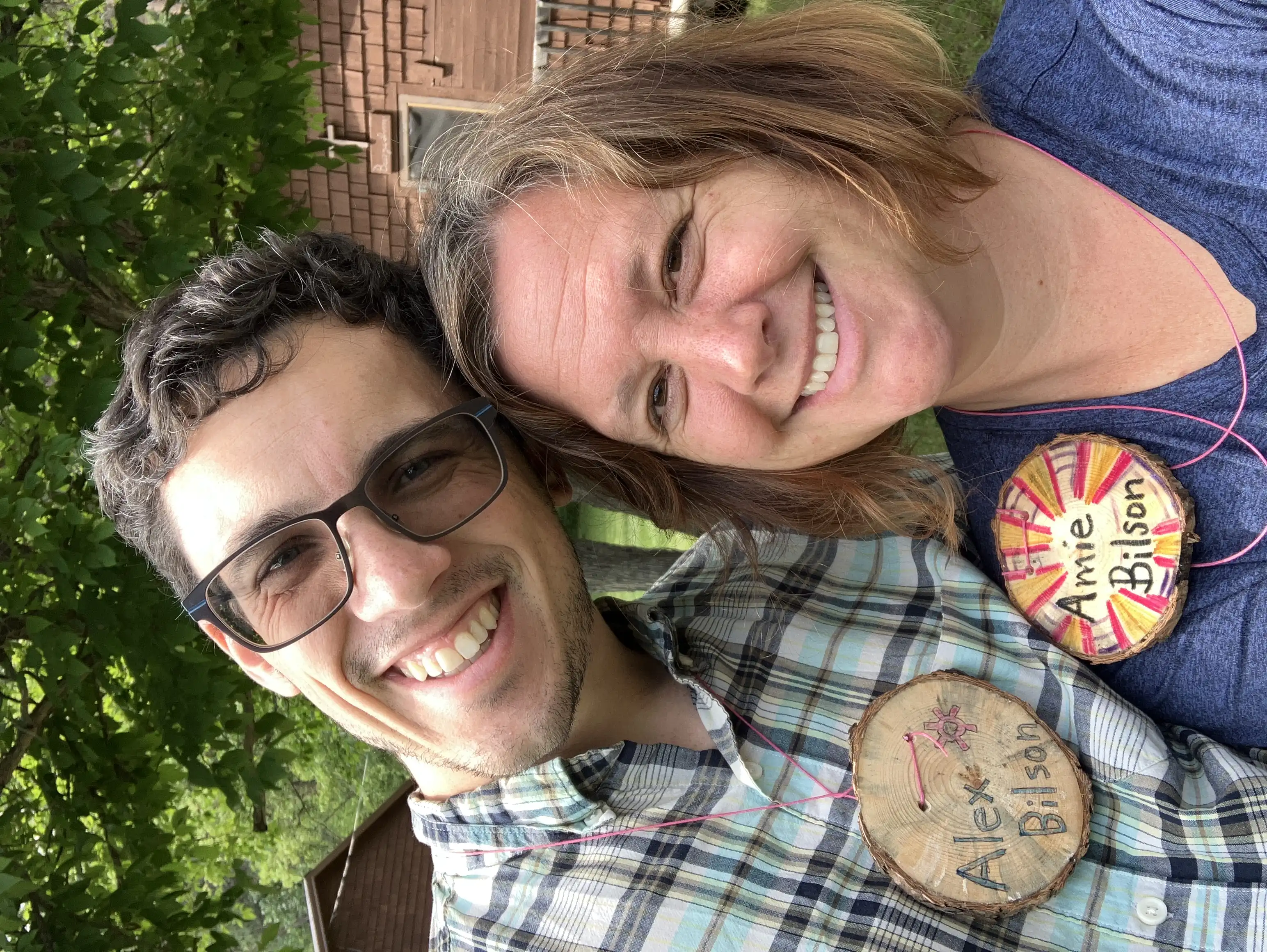 Amie and I at Camp Rimrock with our wooden name tag medallions around our necks.