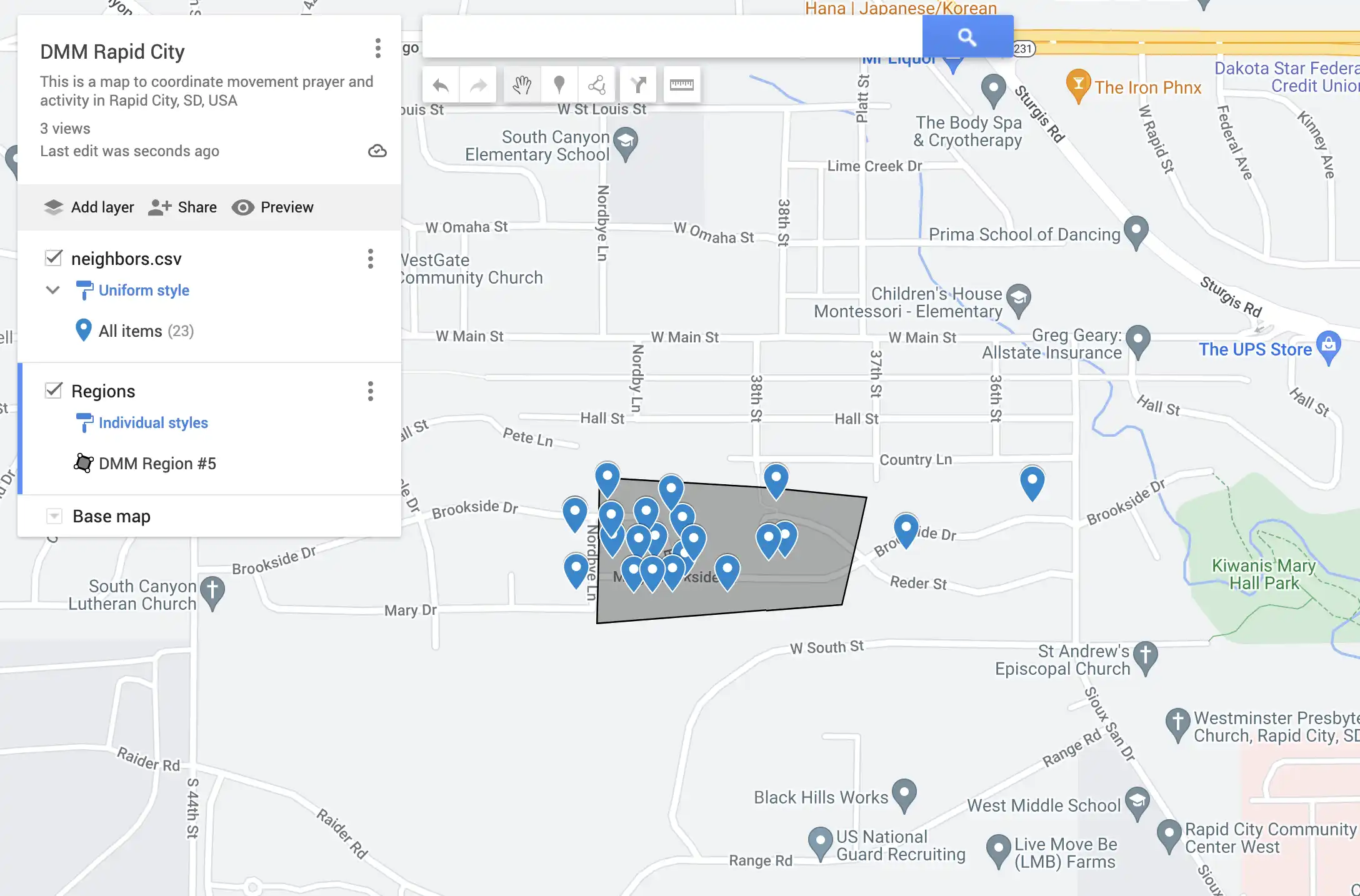 Google map of the Rapid City neighborhood in which we live, with blue markers for neighbors we've met.